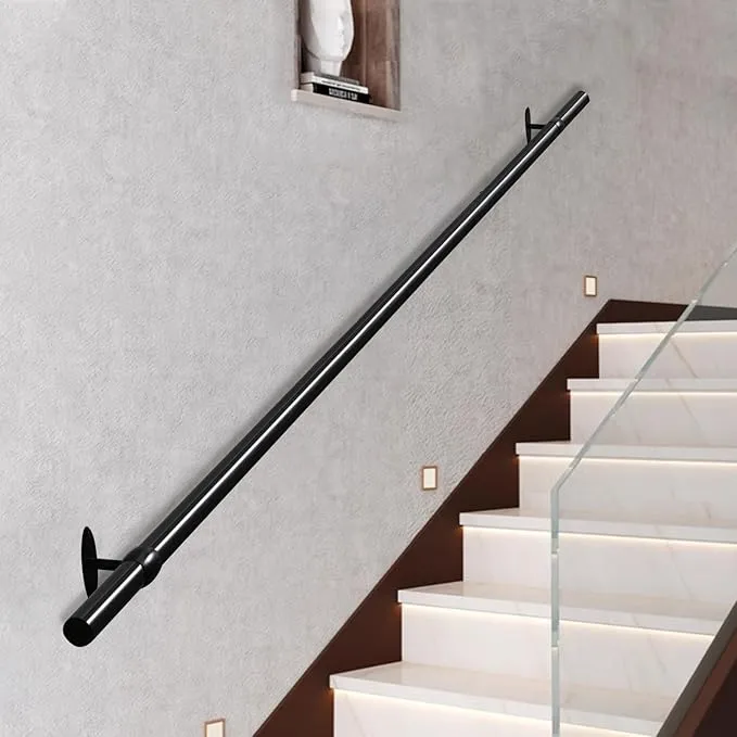 6.5ft Staircase Handrail Black Pipe Handrail, Metal Hand Rails for Indoor Stairs, 1.25" Pipe with Wall Mount Support, 440LBS Load Capacity Loft Porch Grab Bar for Steps (6.5ft, Black)