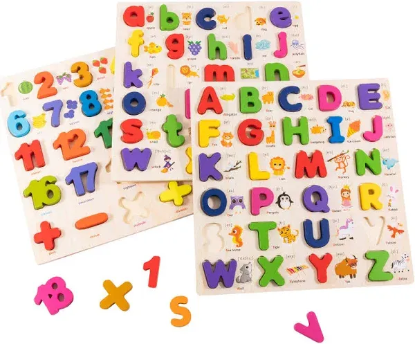 XJYQJD Wooden Alphabet Puzzle for Toddlers, 3 in 1 Lower Case Alphabet Letter Puzzles ABC Uppercase & Lowercase & Number