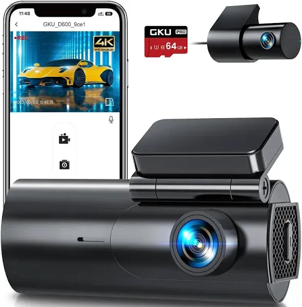 Dash Cam Front and Rear Camera, 4K/2.5K Full Dashcams for Cars with 64GB SD C...