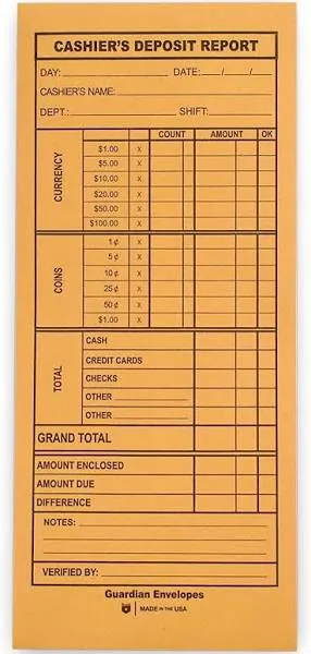 100 Cashier's Deposit Report Envelopes - For Stores, Restaraunts and Retail Businesses