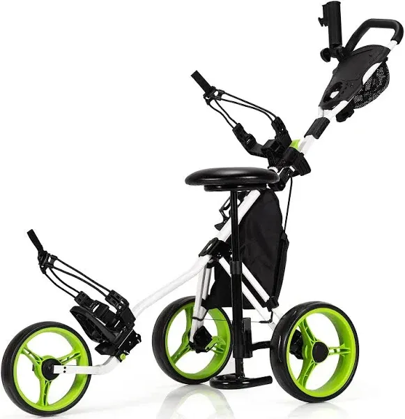 Goplus Folding 3 Wheels Golf Push Cart with Seat Scoreboard Adjustable Handle