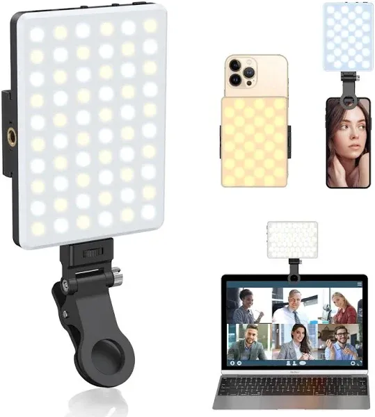 Selfie Light, Phone Light with Front & Back Clip, 60 LED Portable Light with 3 Light Modes, 5000mAh Rechargeable Video Light for Phone, iPhone, IPad, Laptop, TikTok, Makeup, Live Stream, Vlog