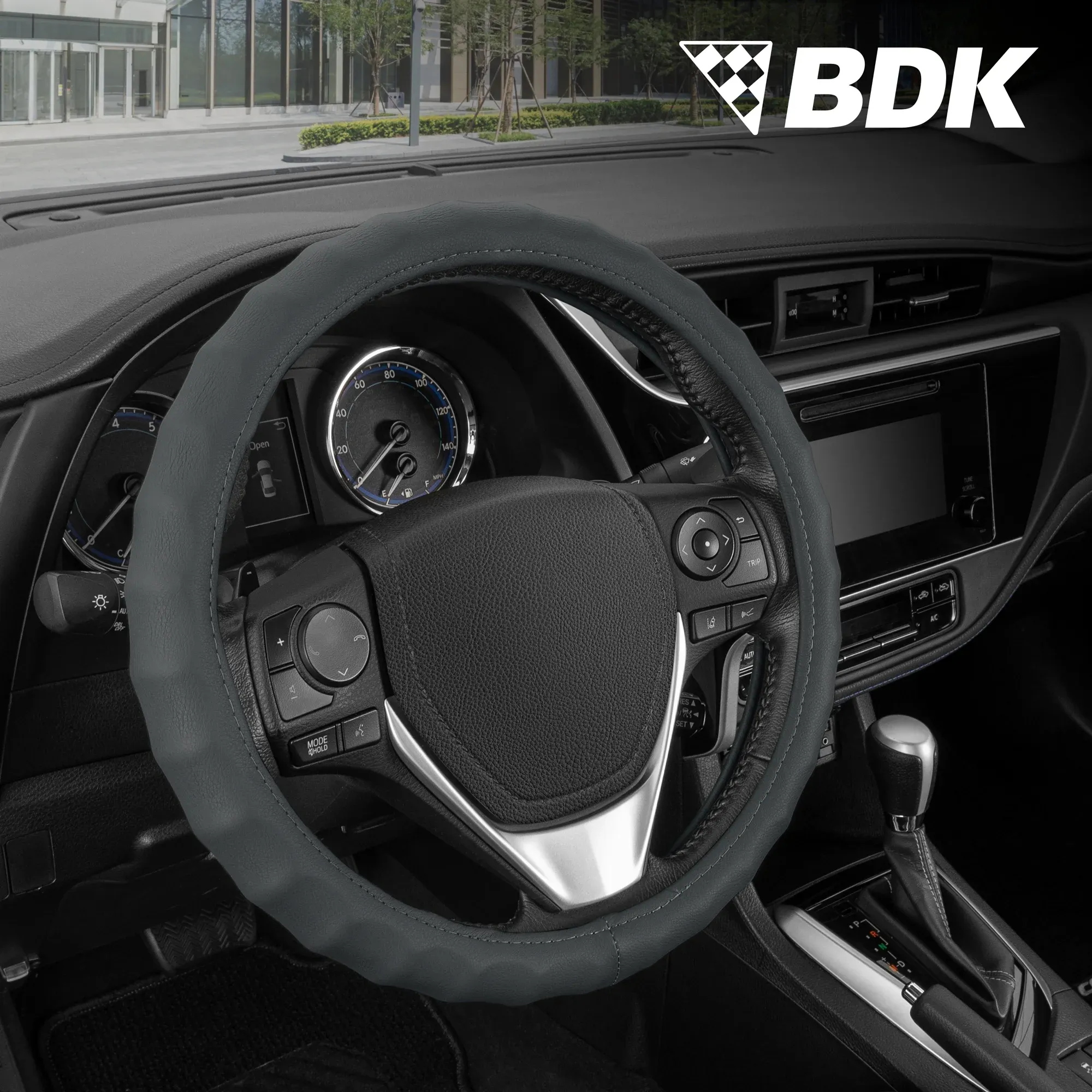 BDK Leather Car Steering Wheel Cover 15.5"-16.5" (Large/Black) -Universal Fit, Easy Installation, Max Protection