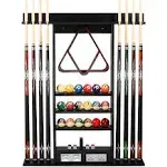 GSE Games & Sports Expert Pool Cue Stick Hanging Wall Mounting Rack with Score Counter,Hold 8 Pool Cue Stick ,Billiard Ball and Rack Black