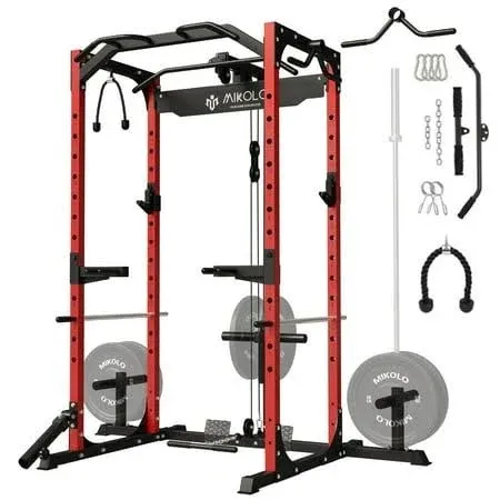 Mikolo Power Rack Cage with LAT Pulldown System,1200LBS Capacity Workout Rack, Multi-Functional Squat Rack with 13-Level Adjustable Height and J-Hooks, Dip Bars, T-Bar, Gym Equipment (Upgraded)