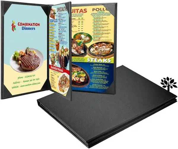 Restaurant Menu Covers Holders 8.5x11 Inch, Four View Leather Menu Holder Covers, Black Leather Menu Covers for Wine List, Drinks, Cafes, Bar, Hotel(8.5x11 inch/4 View-Book Style/1 pack)