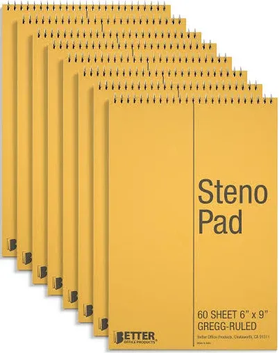 Spiral Steno Pads, 8 Pack, 6 X 9 Inches, 60 Sheets, White Paper, Gregg Rule, Nat