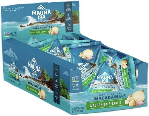 Mauna Loa Premium Hawaiian Roasted Macadamia Nuts, Maui Onion Garlic Flavor, .5 oz Pouches (Pack of 24)