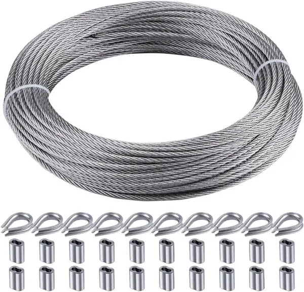 1/8" wire cable, 100ft Wire Rope Metal Cable With Loop Sleeve And Steel Thimble, 7x7 marine stainless steel Strand Core Perfect For Deck Railing System, Outdoor hanging kit, garden fence (SR03)