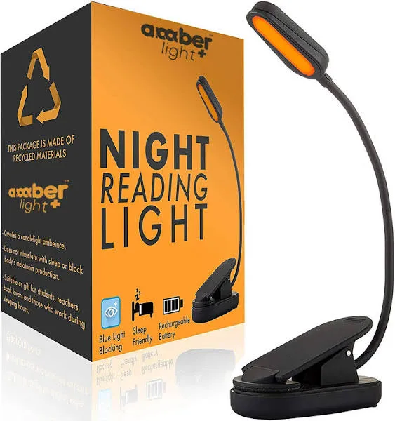 Amber Book Light for Nighttime Reading - Blue Blocking, Black 