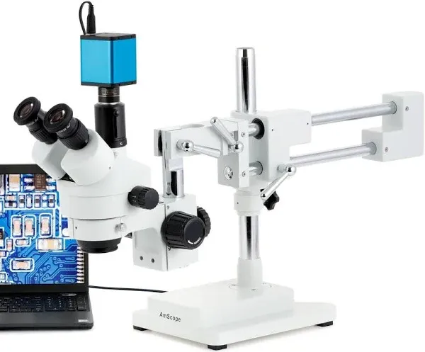 amscope sm4tpz professional trinocular stereo zoom microscope with simultaneous focus control, wh10x eyepieces, 3.5x90x magnification, 0.7x4.5x zoom objective, ambient lighting, doublearm boom stand,