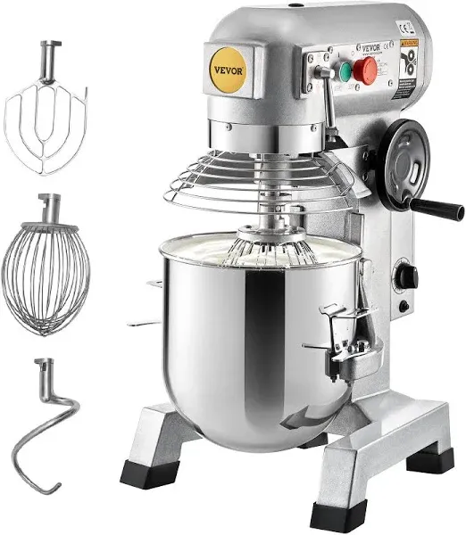 VEVOR Commercial Mixer, Commercial Food Mixer 20Qt Stainless Steel Bowl, 750W Commercial Stand Mixer with 3 Speeds Adjustable, Dough Hook Whisk Beater Included, Perfect for Bakery Pizzeria, Silver