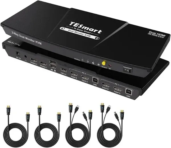 TESmart 2 Port KVM Switch HDMI Dual Monitor 4K60Hz with USB Hub Extended Display