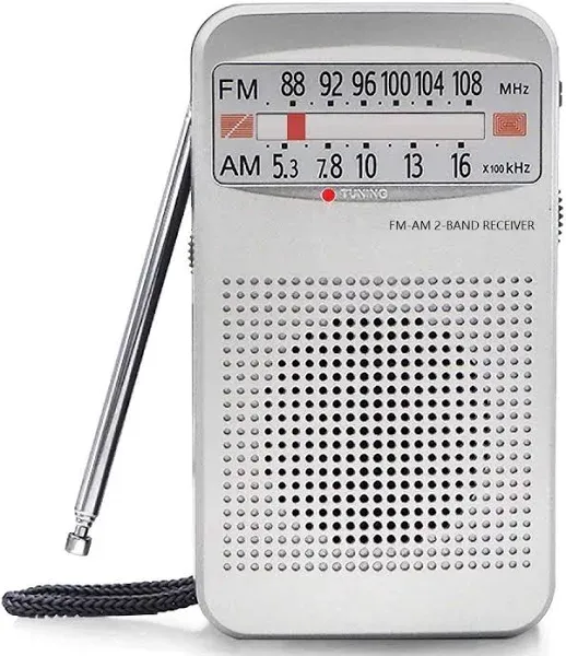 AM FM Portable Pocket Radio, Compact Transistor Radios - Best Reception, Loud Speaker, Earphone Jack, Long Lasting, 2 AA Battery Operated (Silver)