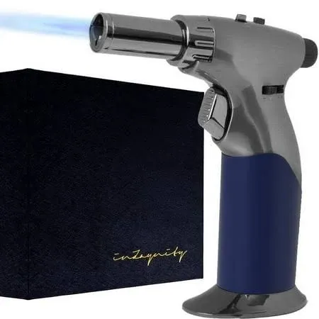 Dual Flame Butane Torch Gun - Refillable Luxury Hand Held Mini Blow Torch for Cooking, Creme Brulee, Soldering, Welding, & Resin Art - Adjustable Flame with Ignition Lock - Steel Blue by inZaynity