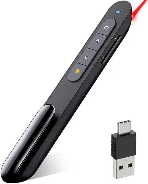 DinoFire USB Type C Wireless Presenter Remote Presentation Clicker,Volume Control PowerPoint Clicker with Red Pointer Long Range PPT Slide Advancer for Mac Laptop PC Computer