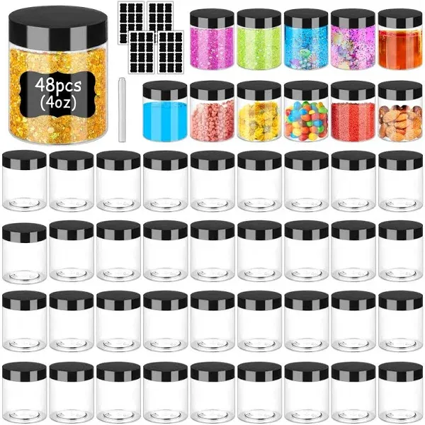 Plastic Jars with Lids 4OZ 48PCS,Small Cosmetic Slime Containers Clear Travel Round Jars Empty Refillable Sample Containers Leak Proof Pot Jars with Black Lids for Lotion, Cream, Cosmetics