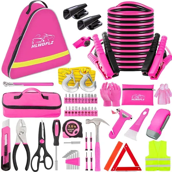 Car Emergency Kit, Pink Roadside Kit with Jumper Cables, Tow... 