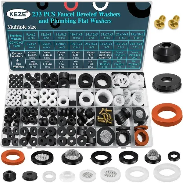 KEZE 233 Pcs Plumbing and Faucet Washers Assortment Kit for Assorted Spigot Water Hose Bib Outside Garden faucet Splitter Gasket Leak Plumbes Valve Stem Worn Out Repair