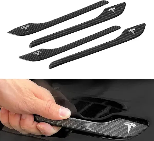 4 Pcs Door Handle Cover Compatible with Tesla Model 3 (2017-2024) Model Y (2020-2024) Real Carbon Fiber 3D Sticker Wrap Covers Exterior Trim Epoxy Door Sill Protector Accessories (Silver)