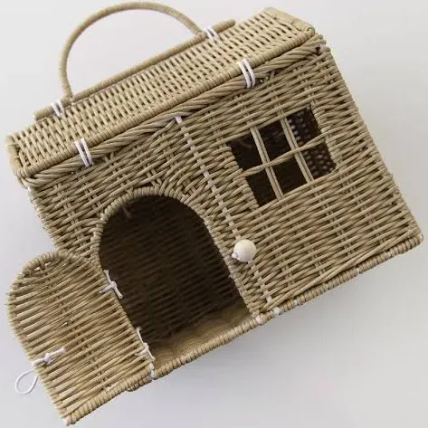 Rool Rattan House Shaped Basket Wicker Small Dollhouse Gift for Girls, Boho Toys, Mouse in a Box House, Little Girl Purse Clutch, Doll Carrier (Brown)