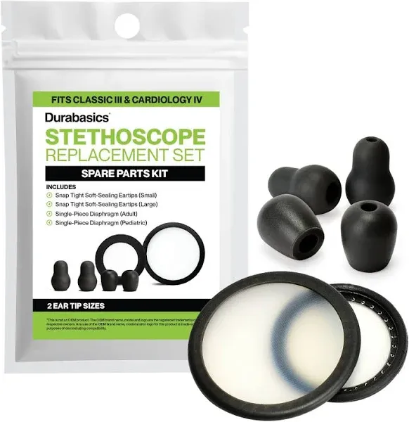 Durabasics Classic 3, Cardiology 3 & Cardiology 4 Stethoscope Accessories Kit for Littman Stethoscope Replacement Parts & Littmann Stethoscope Parts - Fits Classic III, Cardiology III & IV - Black