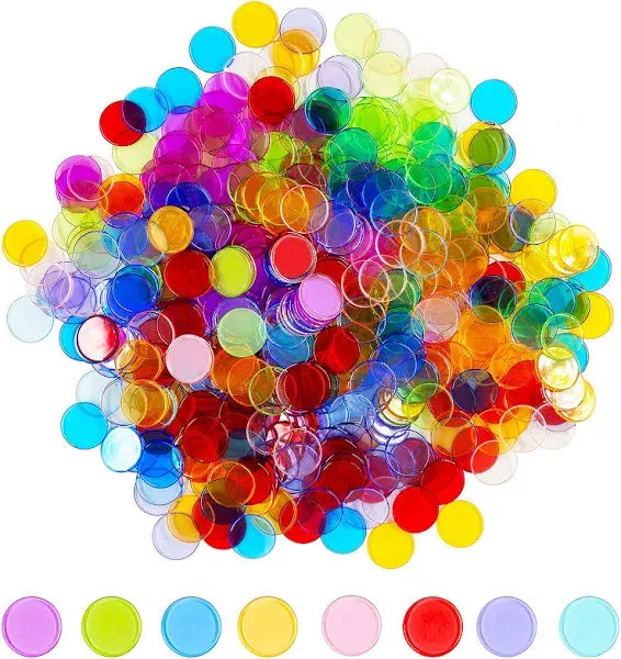 Hebayy 500 Transparent 8 Color Clear Bingo Counting Chip Plastic Markers (Each Measures 3/4 inch in Diameter)