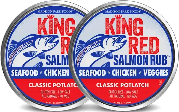 2-King Red Salmon Rub-Classic Potlatch Seasoning Dry Spice Blend-Fish Seafood-All Natural, Gluten Free, Low Salt, No MSG-Madison Park Foods, 3 oz Tin