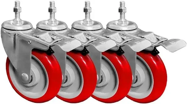 4 Pack 5 Inch Stem Caster Swivel with Front Brake Red Polyurethane Caster Wheels