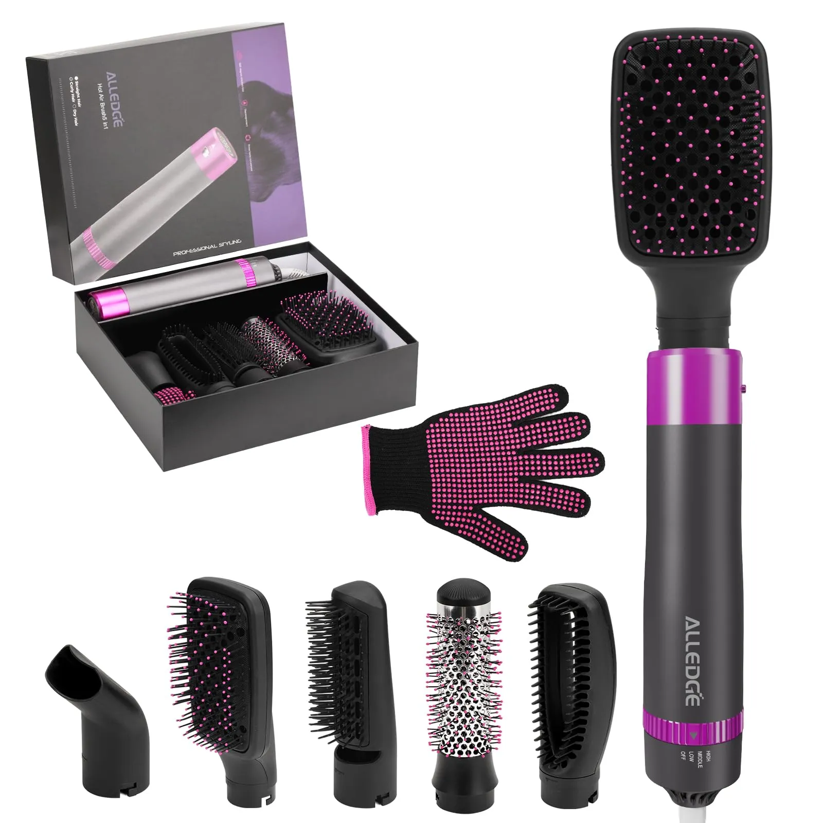 Hair Dryer Brush 5 in 1 Blow Dryer Brush Negative Ionic Hot Air Brush & Volumizer Styler with Interchangeable Brush Head Hair Dryer with Comb for Hair Drying Straightening Curling Styling