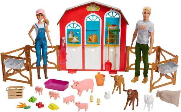 BARBIE SWEET ORCHARD FARM PLAYSET W/ BARBIE &amp; KEN DOLLS &amp;BARN FENCE  11 ANIMALS 