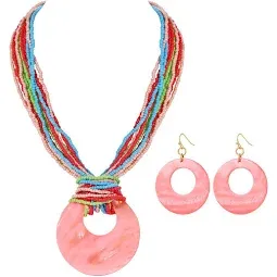 Coiris Multi Strand Statement Colorful Beaded Necklace with Big Circle Shell Pendant for Women