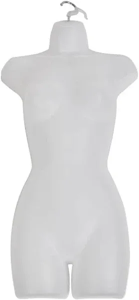 SSWBasics Female Mannequin Torso - Fits Women’s Sizes 5-10 - Molded, Shatterproof & White Body Mannequin with Hook - Hollow Shell, Flat Back Torso Form for Women's Fashion Clothing Display - Ideal for