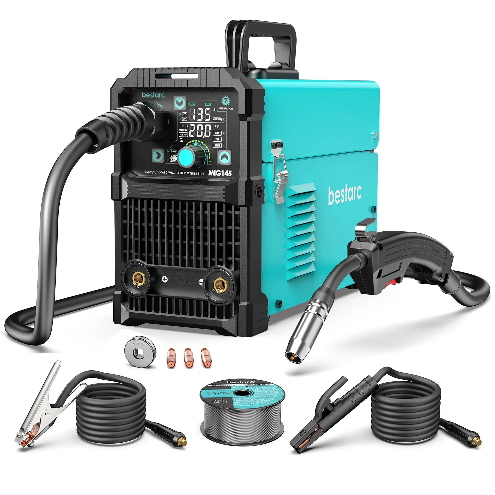 bestarc MIG Welder MIG145 145Amps Gas MIG/Gasless MIG/Lift TIG/Stick 3 in 1 MIG with Digital Screen