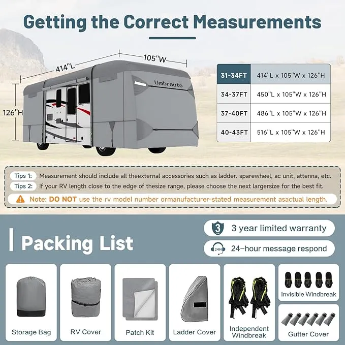 Umbrauto Class A RV Cover 2024 Upgraded 7 Layers Anti-UV Top Panel Motorhome Cover Windproof Camper Cover for 31' to 34' Motorhome with 2Pcs Extra Straps, Adhesive Repair Patches, 6 Gutter Covers
