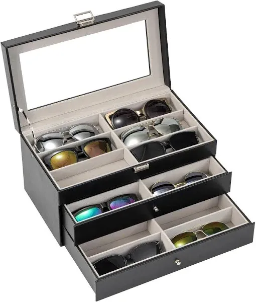 ProCase 3-layer Sunglasses Storage Organizer, 18 Slots Leather Sunglass Box Multiple Pairs Eyeglass Cases Eye Glass Eyewear Display Holder for Men Women -Stripe