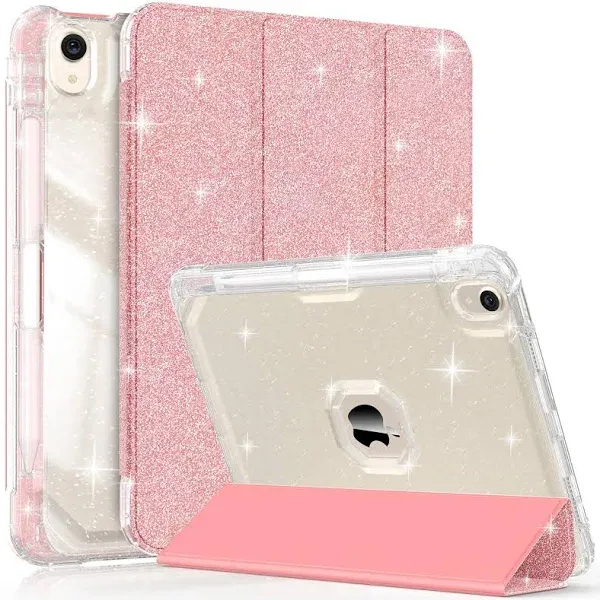 Glitter Case for iPad Air 11" M2 (2024), iPad Air 5th/4th Gen 10.9" (2022/2020) with Pencil Holder, Trifold Stand & Shiny Clear TPU Back, Magnetic Smart Case for Women and Girl, Rosegold