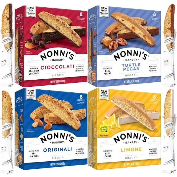 Nonni's Individually Wrapped Biscotti Italian Cookies in 4 Variety Packs - Originali, Limone, Turtle Pecan and Cinnamon Coffee Cake Made with Real