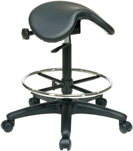 Office Star Drafting Backless Stool with Saddle Seat, Foot Ring, Adjustable Seat Angle and Pneumatic Height Adjustment, Black Vinyl