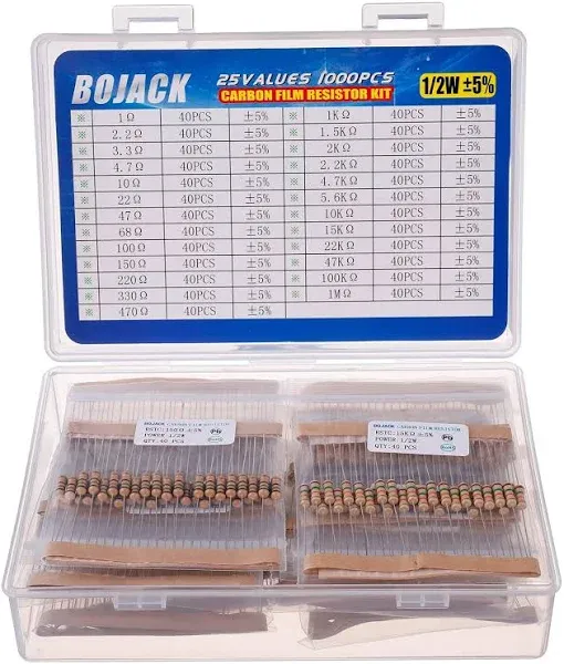 25 Values 1/2W Resistor Kit from 1 Ohm to 1M Ohm 1/2 Watt 1% Metal Film Resistors Assortment