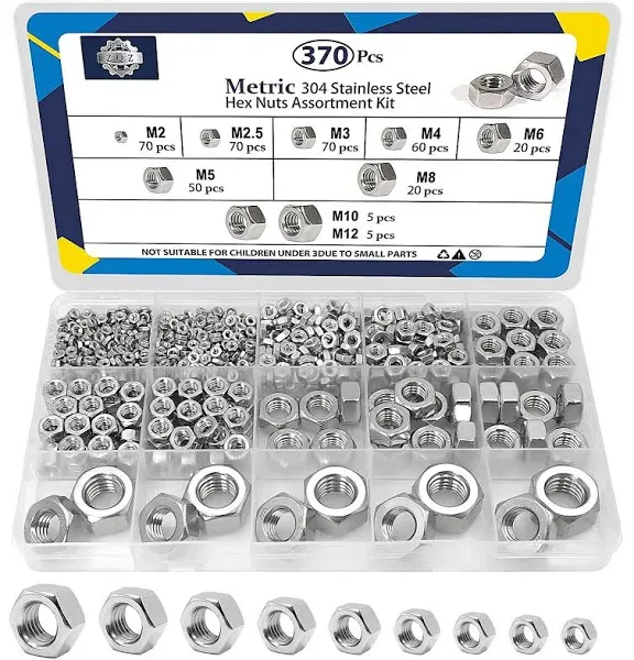 ZQZ 370 PCS Metric Hex Nuts Assortment Kit,M2 M2.5 M3 M4 M5 M6 M8 M10 M12 Stainless Assorted Hex Nuts Set (A)