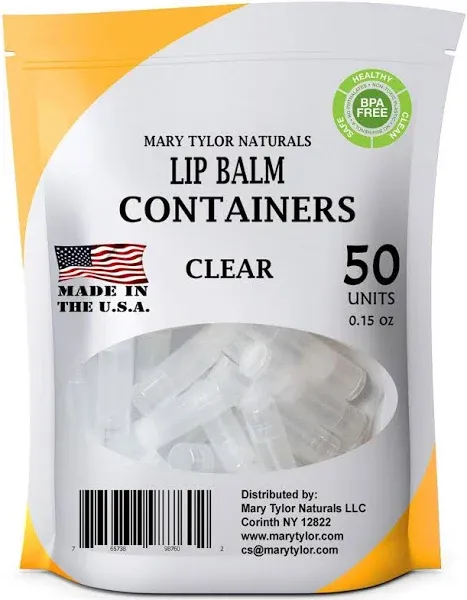 50 Clear Lip Balm Containers Round Tubes, BPA Free, Made in USA, 100% BPA Free, with Clear Caps For DIY Lipstick, homemade Lip Balms by Mary Tylor Naturals