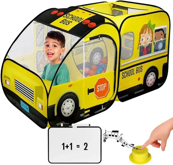 School Bus Pop-Up Kids Tent with Sound Play Button, Ball Pit for Toddler & Up - Easy Setup Tent for Indoor & Outdoor, Daycare Playground Activities & Pretend Play, Great for Kids