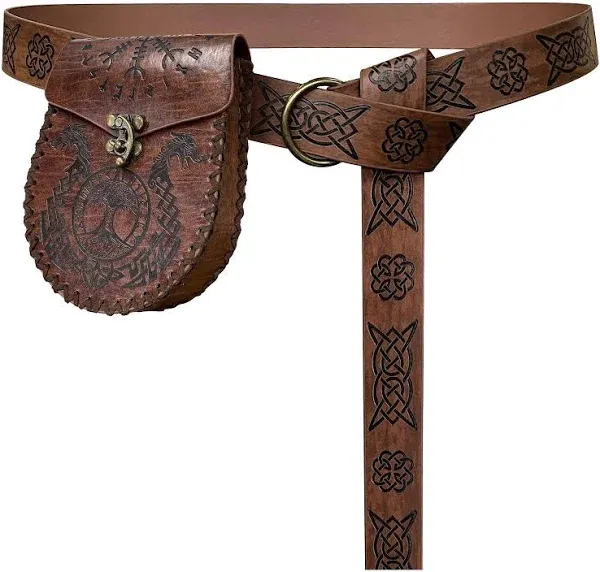 HiiFeuer Medieval Embossed O Ring Belt with Nordic Embossed Belt Bag, Vintage Faux Leather Belt and Belt Pouch Set for LARP