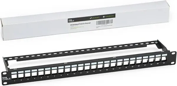 trueCABLE Shielded 24 Port 19” Toolless Modular Patch Panel, Blank, 1U Rack Mount, with Cable Management Bar and Ground Wire, High Density, Black