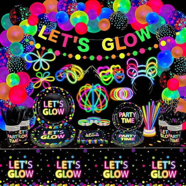 Glow Neon Party Supplies - Neon Balloon, Glow in the Dark Happy Birthday Banner, Hanging Swirls, Cake Topper, Tablecloth, Plates, Napkins, Cup for Blacklight Party Decorations, Serves 20 Guest