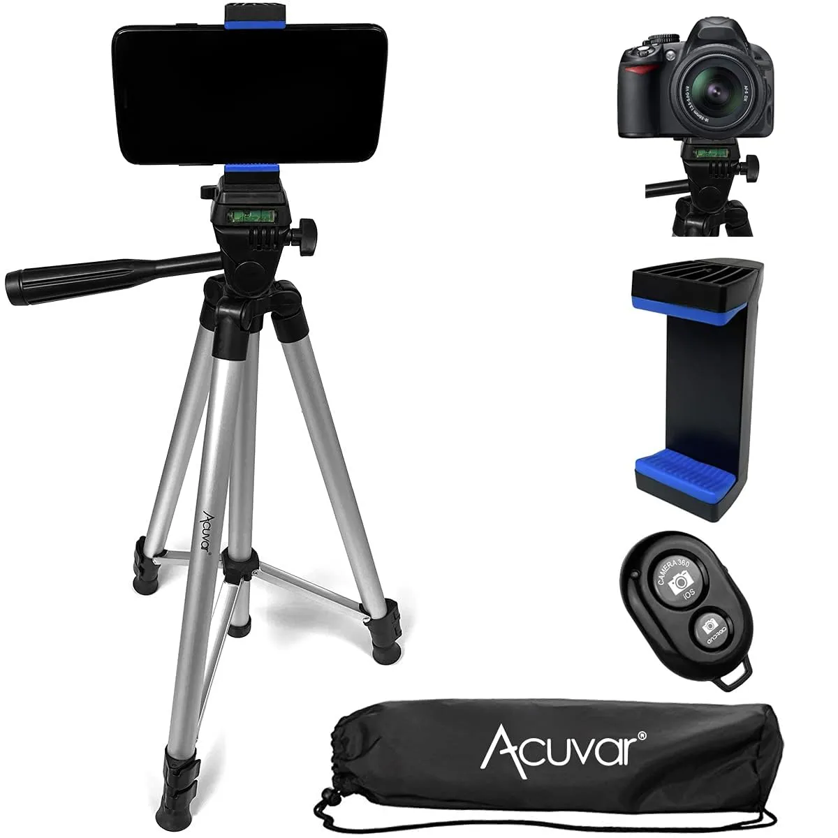 Acuvar 50" inch Aluminum Camera Tripod with Universal Smartphone Mount + Remote