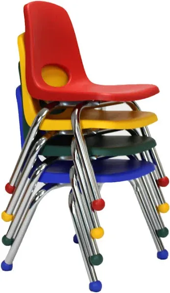 Factory Direct Partners 14003-AS 12" School Stack Chair, Stacking Student Seat with Chromed Steel Legs and Ball Glides for in-Home Learning or Classroom - Assorted (4-Pack)