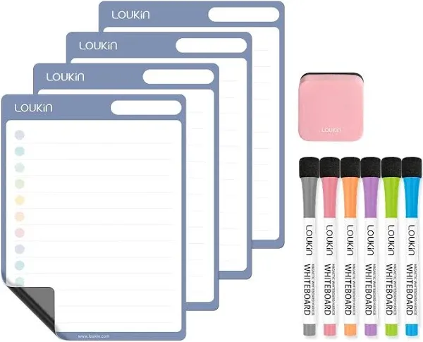 Loukin Dry Erase Checklists 4 Pack, Electrostatic Clings to Any Shiny Surface, Whiteboard Shopping List, Reusable to do List for Office, Classroom, Refrigerator, 6 Markers&1 Eraser Included