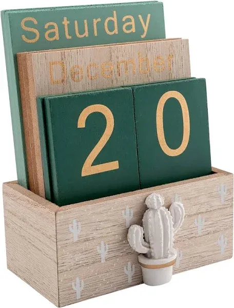  Perpetual Calendar, Wooden Calendar for Home Office Desk Green cactus